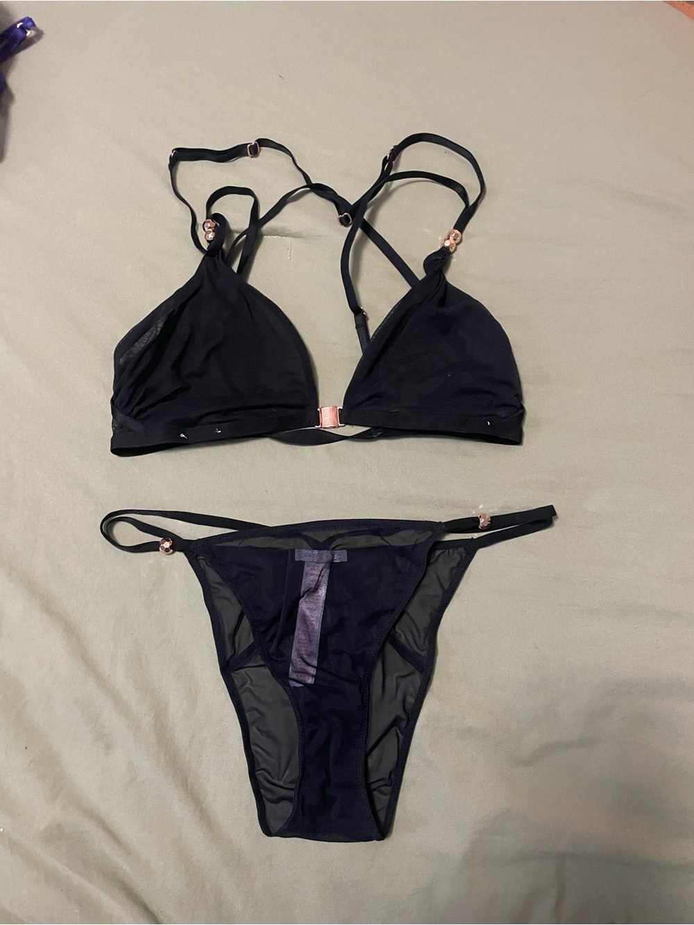 Savage X Fenty Black Mesh Triangle Bikini Set with Rose-Gold Hardware